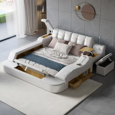 King White Smart Bed Faux Leather, Smart King Size Bed