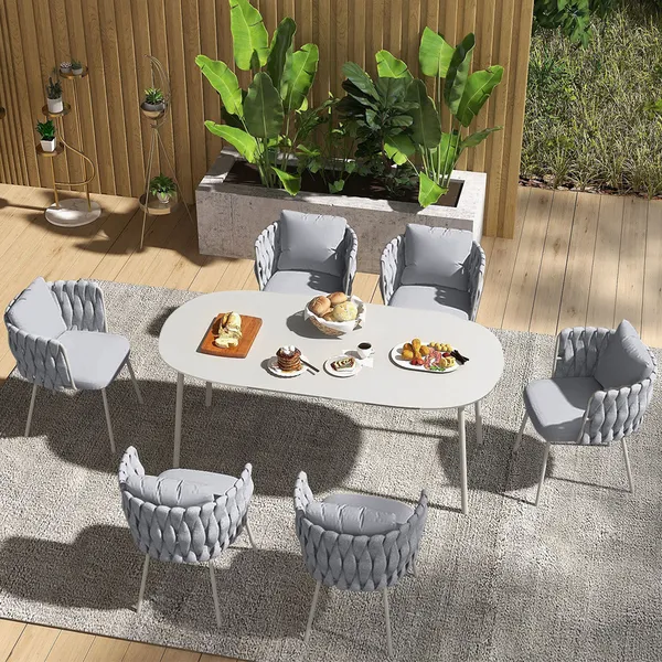 7 Pieces Outdoor Dining Set With Oval, Marble Dining Table Set 7 Piece