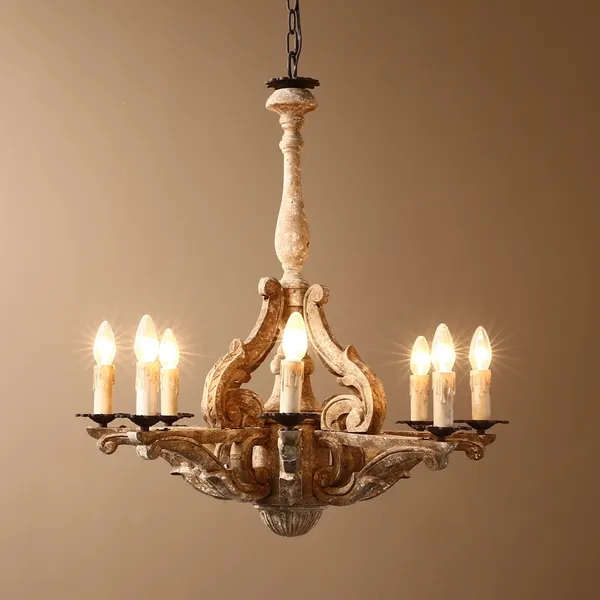 Retro French Country Carved Wood 8, Chandelier French Country