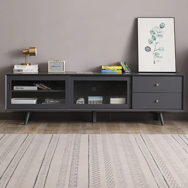 Modern Grey Tv Stand Rectangle Media, Tv Stand With Glass Sliding Doors