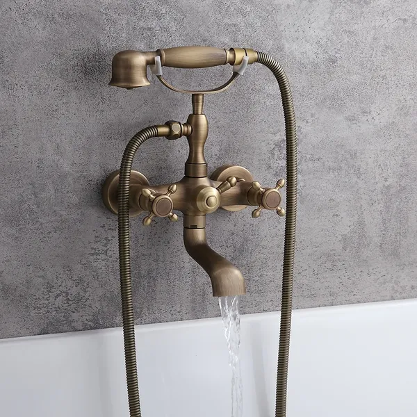 Antique Brass Floor Free Mounting Clawfoot BathTub Filler Faucet HandShower Tap 