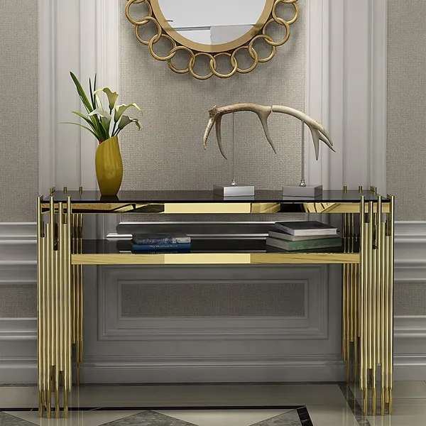 Black Faux Marble Narrow Console Table, Black Marble Side Table With Gold Legs