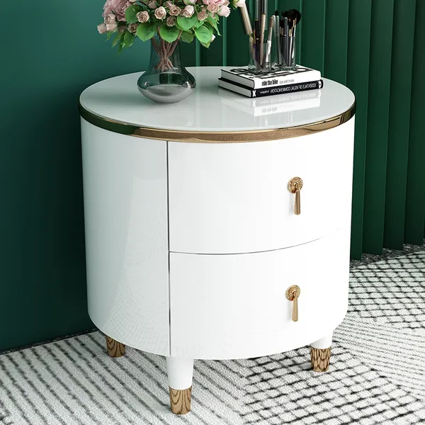 2 Drawer Round Bedside Table Modern, Round Bedside Table With Drawer White
