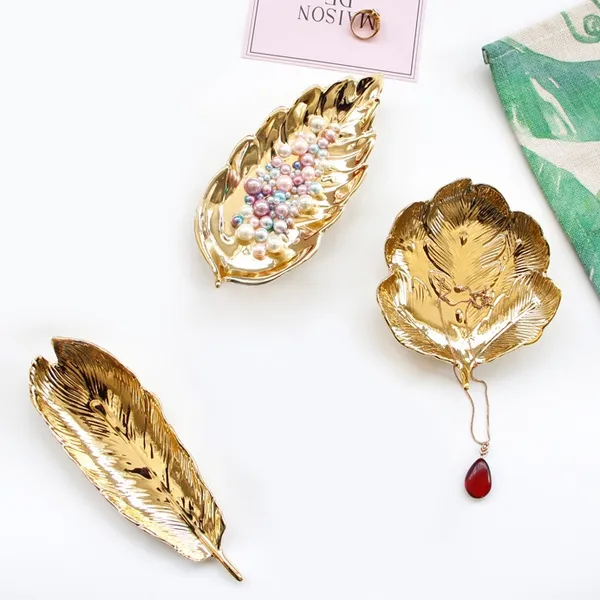 Gold Color Leaf Shape Tray Bowl Dish For Ring Necklace Jewelry Accessories LH 