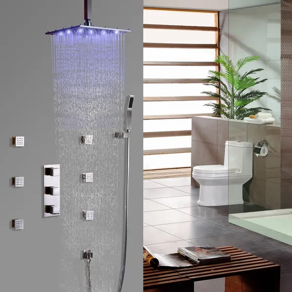 Shower Faucet System  LED Square Rainfall With Hand Shower Mixer Brushed Nickel 