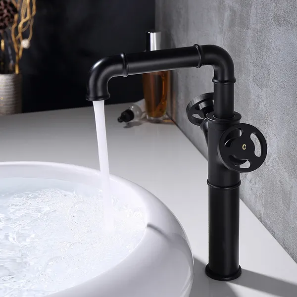 Ruth Industrial Pipe Bathroom Vessel Sink Faucet Matte Black 1 Hole 2 Handle Solid Brass Homary - Sink Faucet Bathroom Black