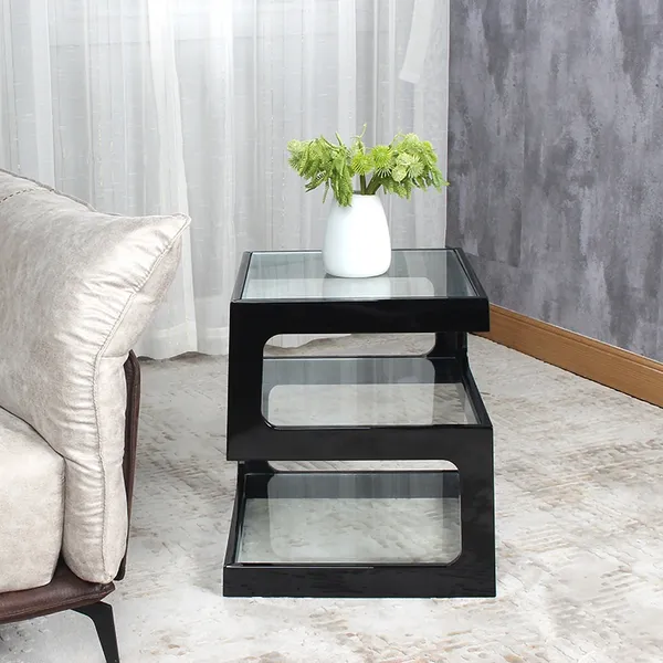 Home Retro Black Creative C Shape Steel Frame End Glass Table Modern Furniture 