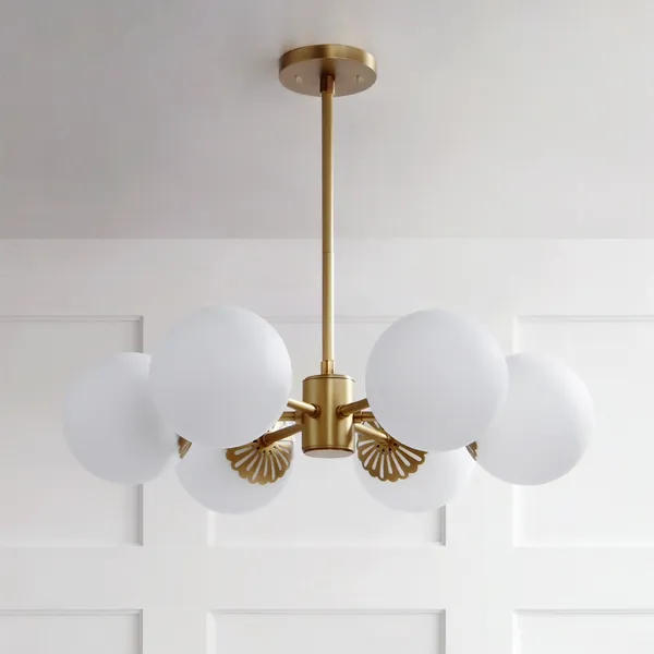 40.5 x 14 x 6.75 Inches Rivet Mid-Century Modern Glass Globe Ceiling Pendant Chandelier With 6 Light Bulbs Gold 6-48 Inch Cord 