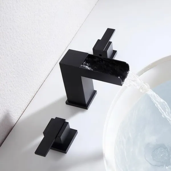 Modern Widespread Double Handles Right-Angle Bathroom Sink Faucet in Matte Black 