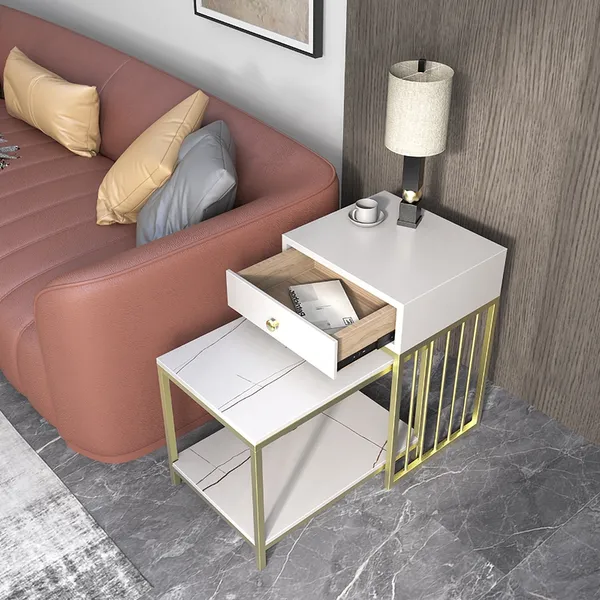 Balcony Gold 40x40x52cm Modern Bedside Table Coffee Table for Living Room H HOMEWINS Round Side Table Metal Double End Table with Detachable Tray Bedroom