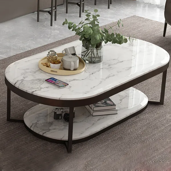Model Coffee Table 2-Tiers Top Desk Metal Legs Storage Shelf Living Room Office 