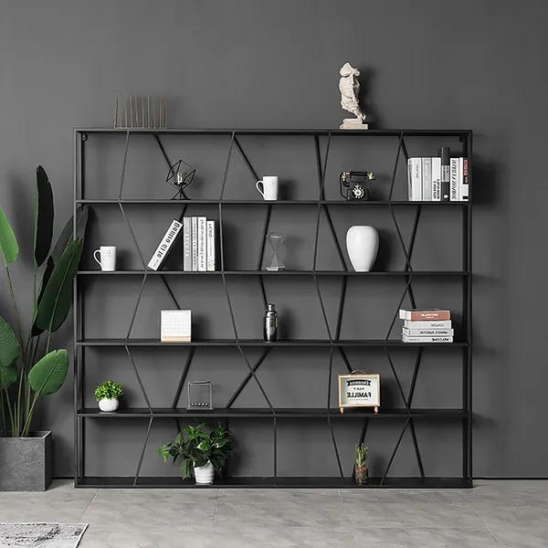 Black Modern Geometric Bookshelf Metal, Modern Black Metal Bookcase