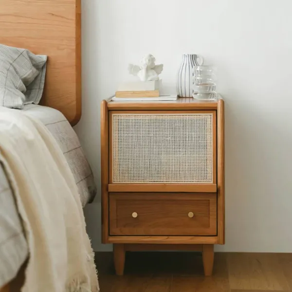 Rustic Rattan Bedside Table With, Rustic Wooden Bedside Table