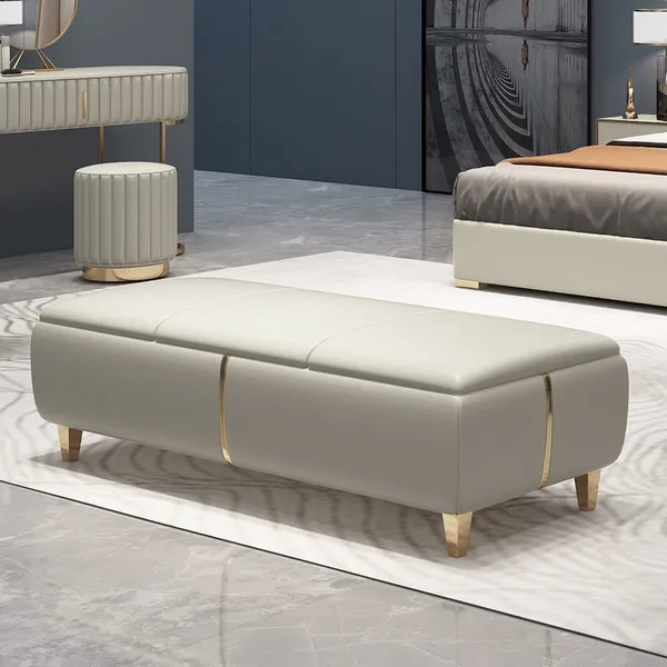 Modern Storage Entryway Bench Beige Faux Leather Upholstered Bench for End Bed 