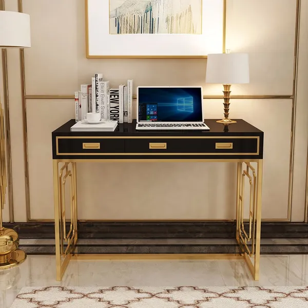 COMPUTER WRITING DESK Modern 3-Drawer Sofa Console Table Brown Gold 