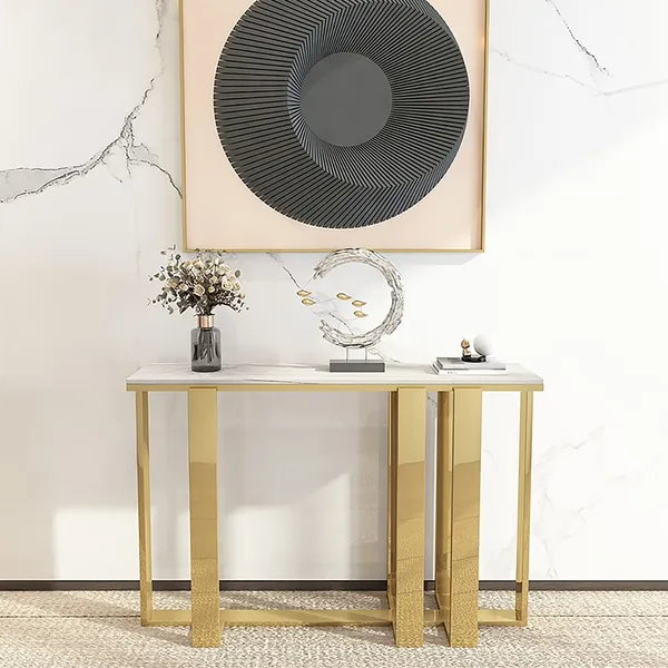 Modern White Stone Narrow Console Table, Narrow Gold Console Table
