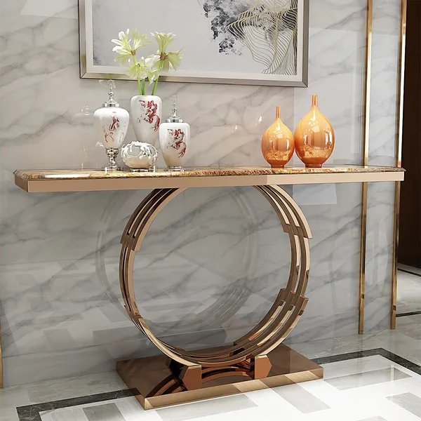 Modern Luxury 1200mm Faux Marble Narrow, Rose Gold Console Table Uk