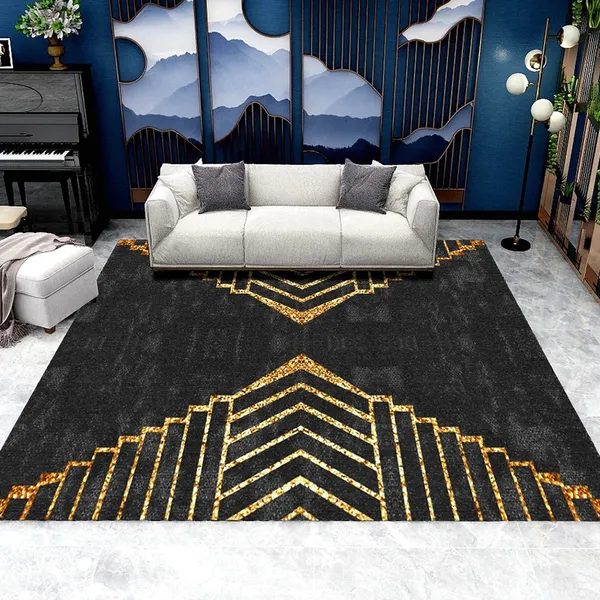 Gold Abstract Rectangle Indoor Area Rug, Black And Gold Living Room Rug