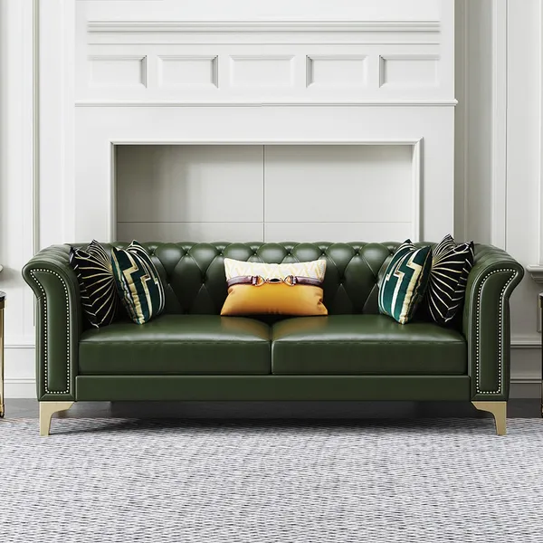 92 1 Green Tufted Chesterfield Sofa, Microfiber And Leather Couch
