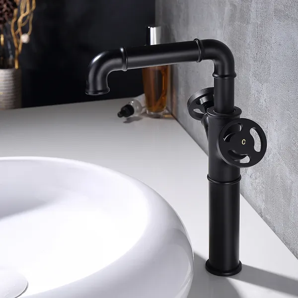 Ruth Industrial Pipe Bathroom Countertop Basin Mixer Tap Mono 2 Handle Solid Brass Homary - Black Bathroom Sink Tapware