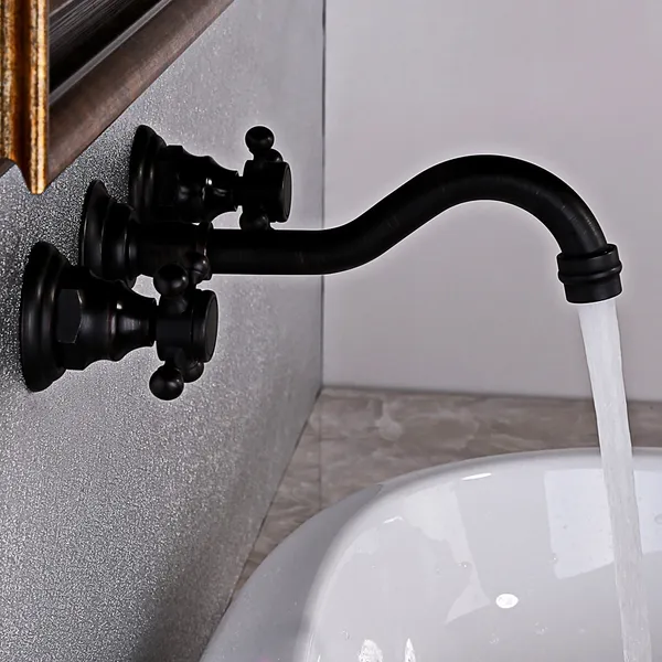 Classic Wall Mount Black Bathroom Basin Tap Double Cross Handles Solid Brass Homary - Traditional Black Bathroom Sink Tap
