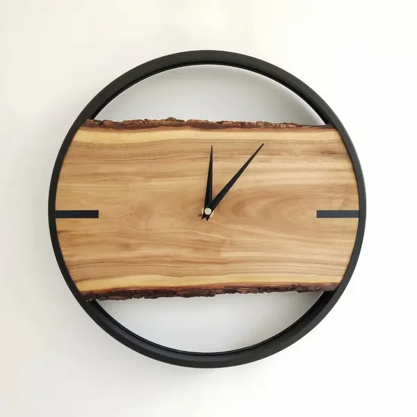 Modern 12 Live Edge Mute Wall Clock Round Metal Frame Natural Wood Silent Sweep Movement - Round Natural Wood Metal Wall Clock