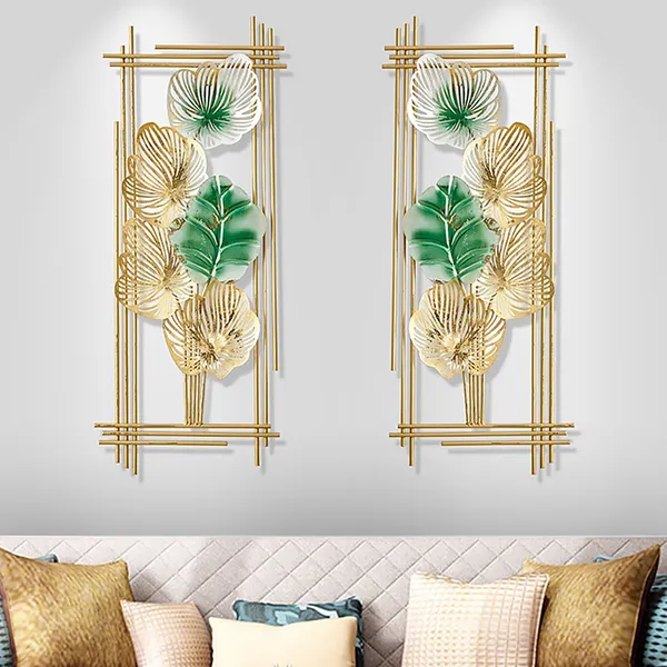 2 Pieces Metal Leaf Framed Wall Decor Gold Green Rectangle Homary - Gold Wall Accent Pieces