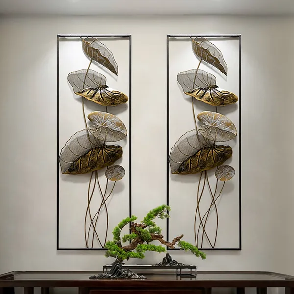 2 Pieces Metal Wall Decor With Lotus Leaves Black Rectangle Frame Homary - Framed Metal Wall Decor