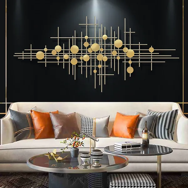 Modern Gold Metal Wall Decor Abstract Bar Dots Art Homary - Gold Wall Living Room Ideas