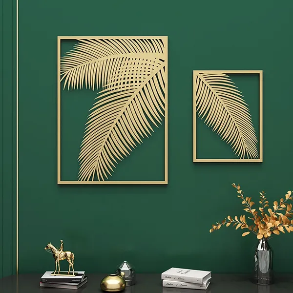 2 Pieces Metal Wall Decor Rectangular Palm Leaf Home Art Set In Gold Homary - Gold Wall Accent Pieces