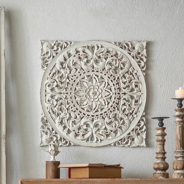 Distressed White Medallion Wall Art Decor French Country Carved Wood Flower - White Carved Wood Medallion Wall Art