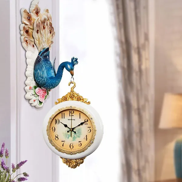 Brengen Spanning Bandiet European Style Two-Sided Wall Clock Embossed Peacock Decorative Hanging  Clocks-Homary