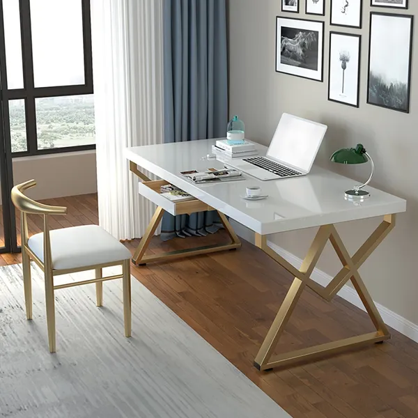 Office Desk Solid Wood Metal Homary, Modern White Writing Desk With Drawers