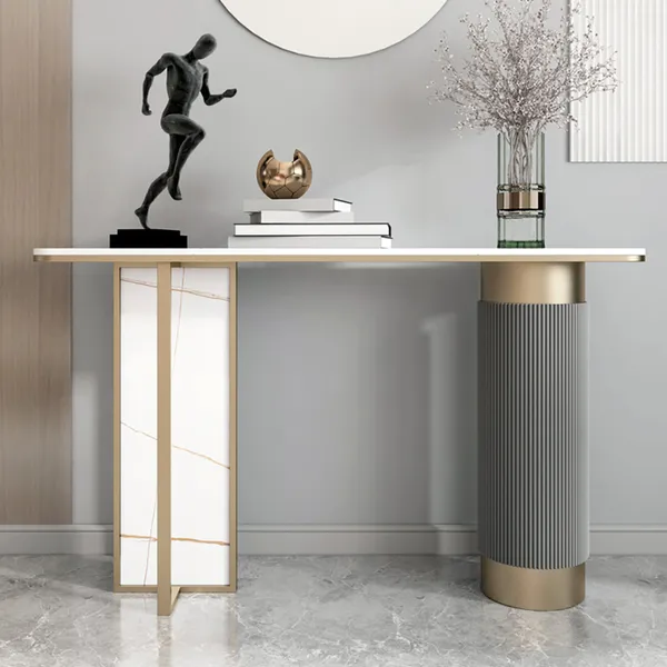Modern White Gold Hallway Console Table, Small Stone Top Console Table