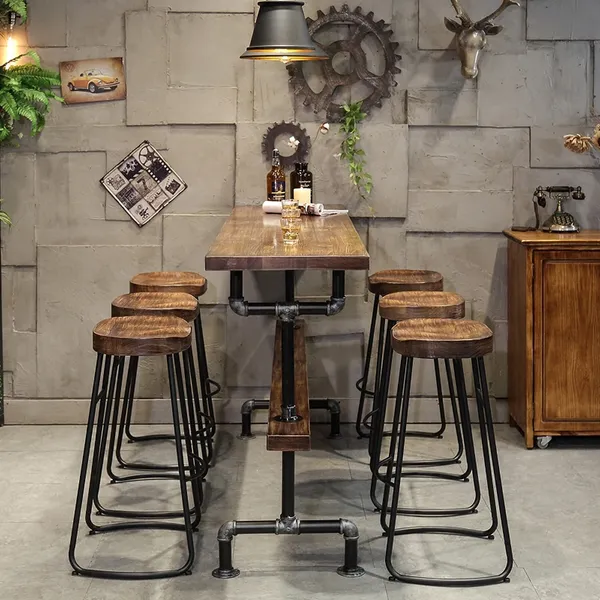 Bar Height Table Set For 6 Wooden, Industrial Style Bar Stools And Table