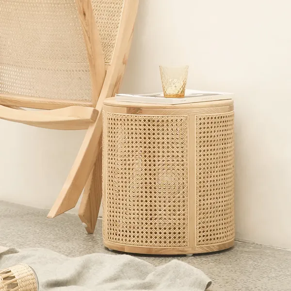 Storage Rattan Side Table Homary, Round Rattan Side Table With Shelf