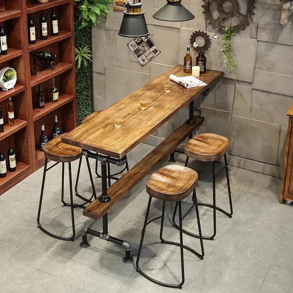 Industrial Long Bar Height Table Set, Counter Top Table With Bar Stools