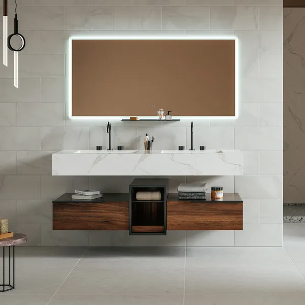 59 Floating White Brown Bathroom Vanity Set With Double Sink Two Shelves Homary - Floating Bathroom Vanity With 2 Sinks