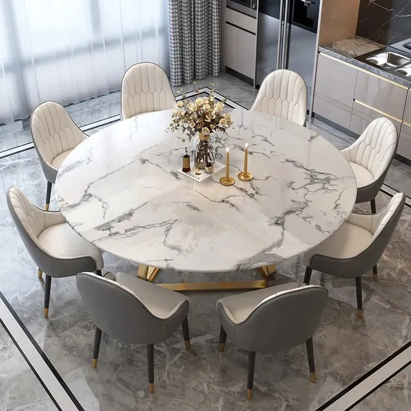 White Modern Round Marble Dining Table, Round Modern Dining Table For 8