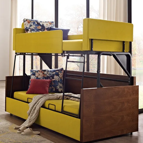 Modern Yellow Folding Wood Bunk Bed, Fold Up Bunk Bed Couch