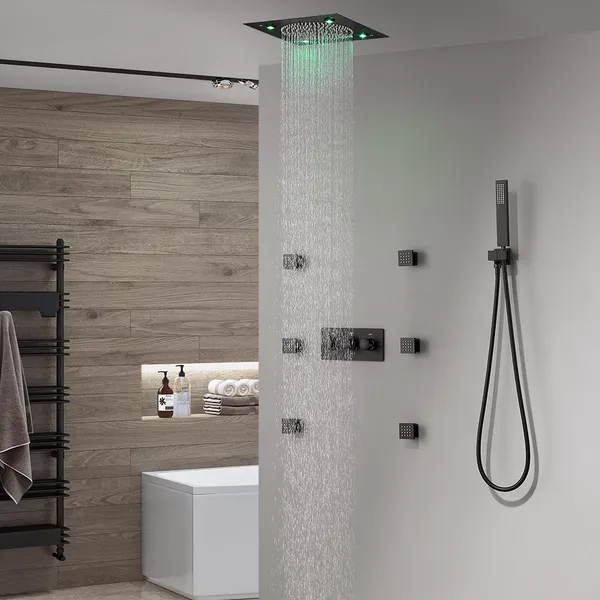 Rainfall Head Hand Spray Mixer Faucet Shower Set Ceiling Mounted Black Bathroom 