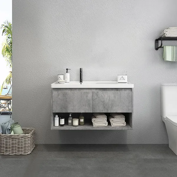 Modern 920mm Grey Floating Bathroom, Leatherhead 24 Wall Mounted Single Bathroom Vanity Set