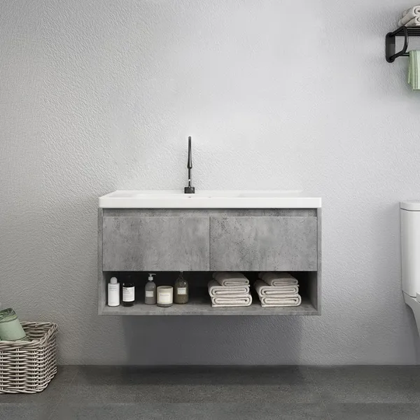 Modern 920mm Grey Floating Bathroom, Leatherhead 24 Wall Mounted Single Bathroom Vanity Set