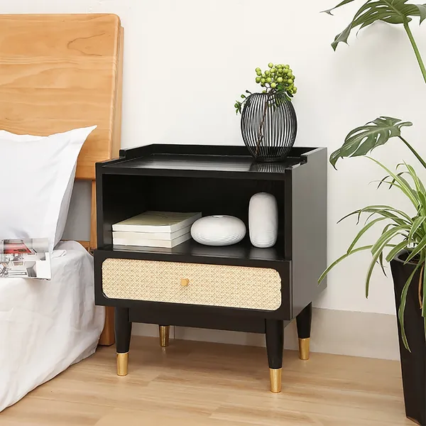Black Solid Wood Rattan Nightstand With, Rattan Side Table With Storage