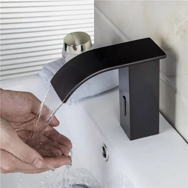 Black Bathroom Sink Faucet Waterfall Touchless Automatic Sensor Solid Brass Motion Activated Touch-Free Bath Tub Lavatory Basin Vanity One Hole Brass Mixer Tap Commercial Deck Mount 