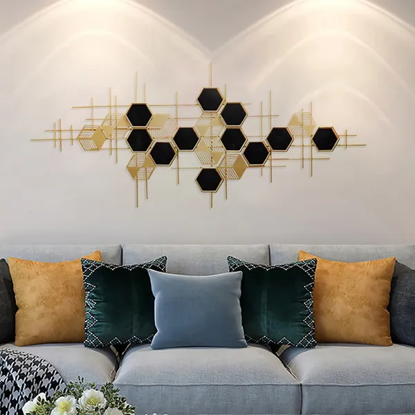 Modern Geometric Metal Wall Decor Art Hexagon Shape In Gold Black Homary - Gold Wall Living Room Ideas