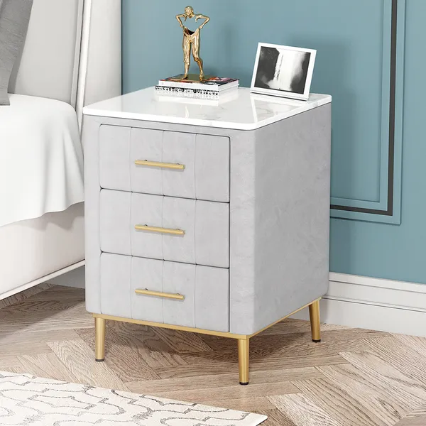 Modern Nightstand Gray Velvet, Stone Top End Table With Drawer