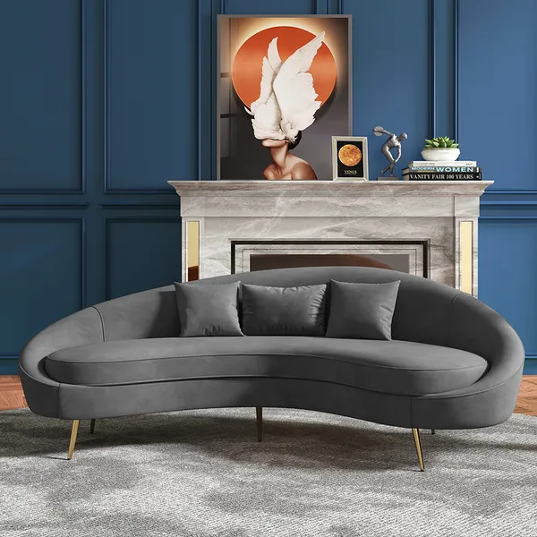 83 Modern Gray Velvet 3 Seater Curved, Contemporary Grey Velvet Sofa