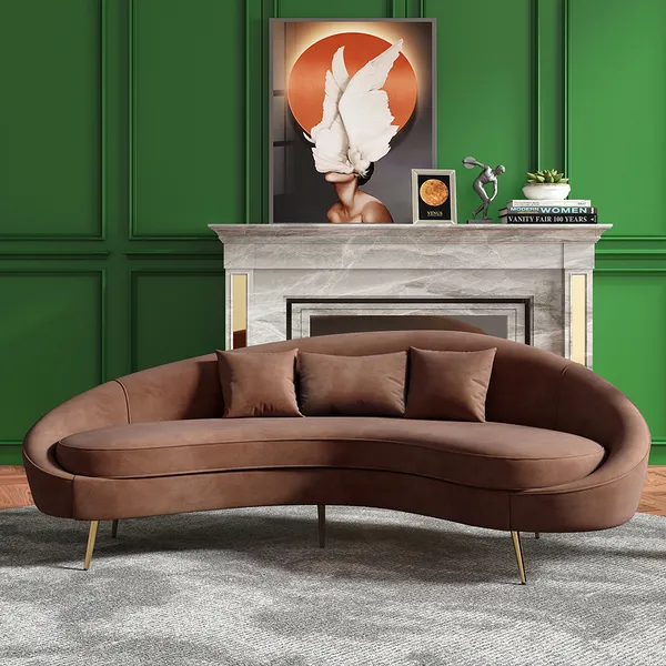 Moderno sofá curvo de terciopelo marrón de 83 pulgadas, sofá de 3 plazas,  patas de metal dorado, almohada incluida-Homary