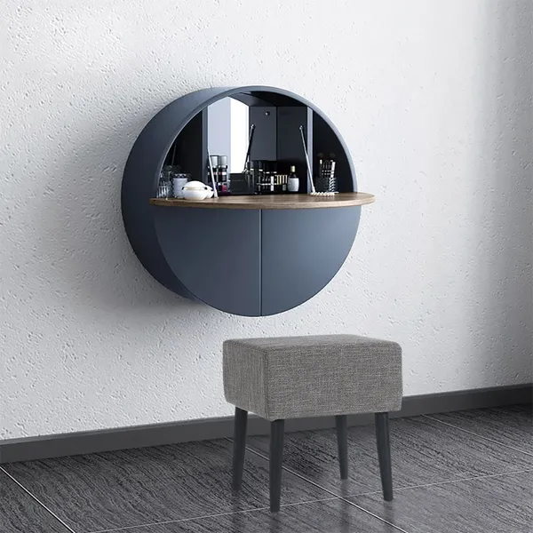Modern Gray Round Wall-Mount Makeup Vanity Table Set with Mirror  Stool  Included-Homary